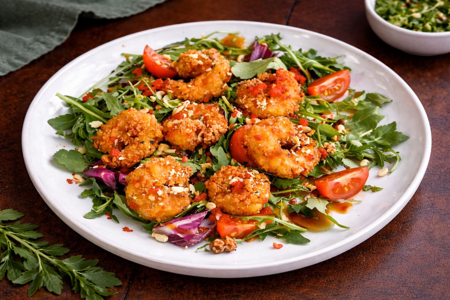 Креветки темпура на подушке из микс-салата с соусом от Шефа