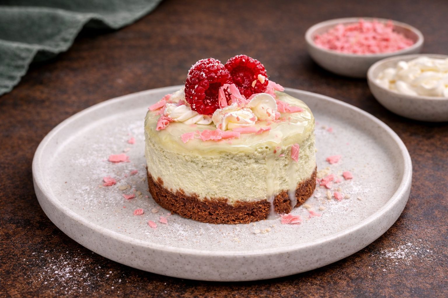 Чизкейк фисташковый с ягодами и тертым шоколадом